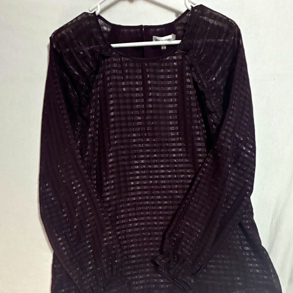 Calvin Klein Women's Chiffon Blouse M Purple Sheer Check Long Sleeve Ruffle